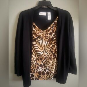 Alfred Dunner Black Cardigan sweater medium Animal Print 2 in 1 open front